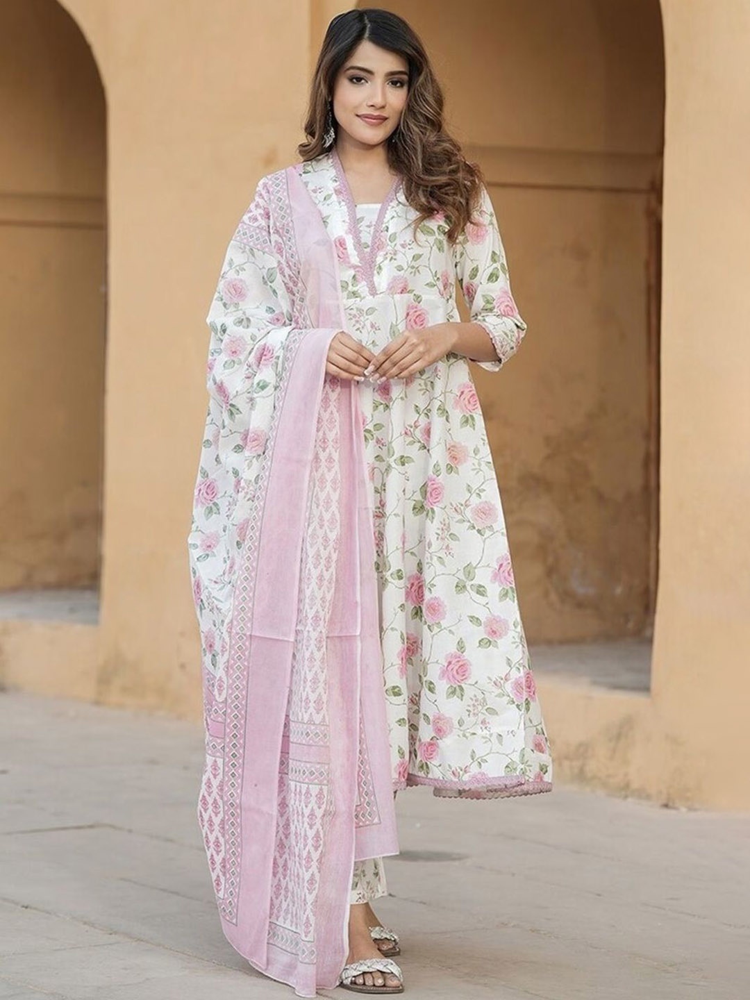Wedani Floral Printed V-Neck Pure Cotton Anarkali Kurta With Trouser And Dupatta, Pink
Wedani Floral Printed V-Neck Pure Cotton Anarkali Kurta With Trouser And Dupatta, Pink