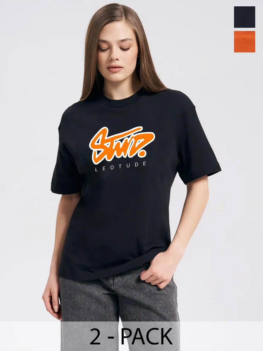 Leotude Women Pack Of 2 Typography Printed Round Neck Cotton Oversized T-shirts, Black
Leotude Women Pack Of 2 Typography Printed Round Neck Cotton Oversized T-shirts, Black