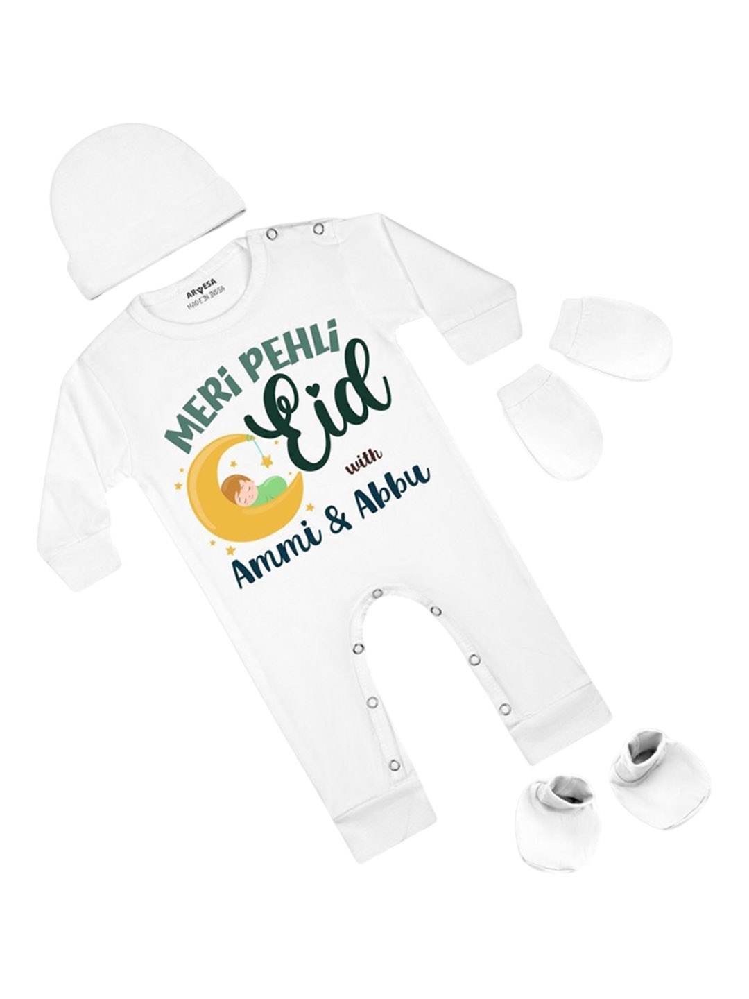 Arvesa Infants Meri Pehli Eid With Ammi & Abbu Printed Bodysuit with Cap Booties Mitten, White
Arvesa Infants Meri Pehli Eid With Ammi & Abbu Printed Bodysuit with Cap Booties Mitten, White