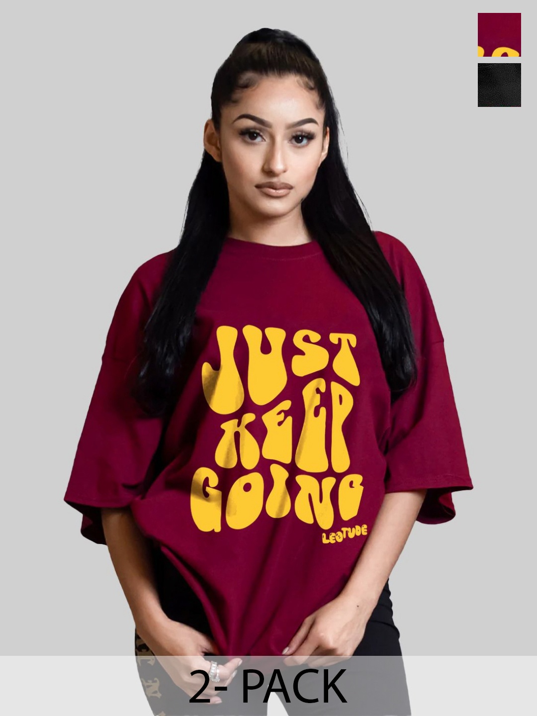 Leotude Women Pack Of 2 Typography Printed Round Neck Cotton Oversized T-shirts, Burgundy
Leotude Women Pack Of 2 Typography Printed Round Neck Cotton Oversized T-shirts, Burgundy