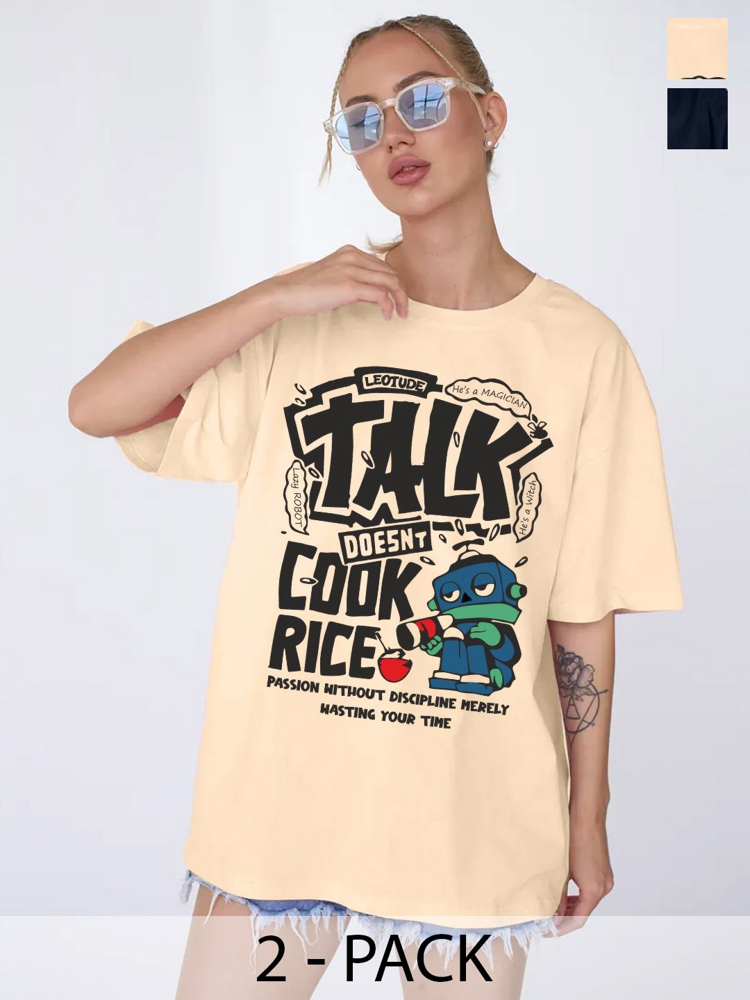 Leotude Women Pack Of 2 Typography Printed Round Neck Cotton Oversized T-shirts, Beige
Leotude Women Pack Of 2 Typography Printed Round Neck Cotton Oversized T-shirts, Beige