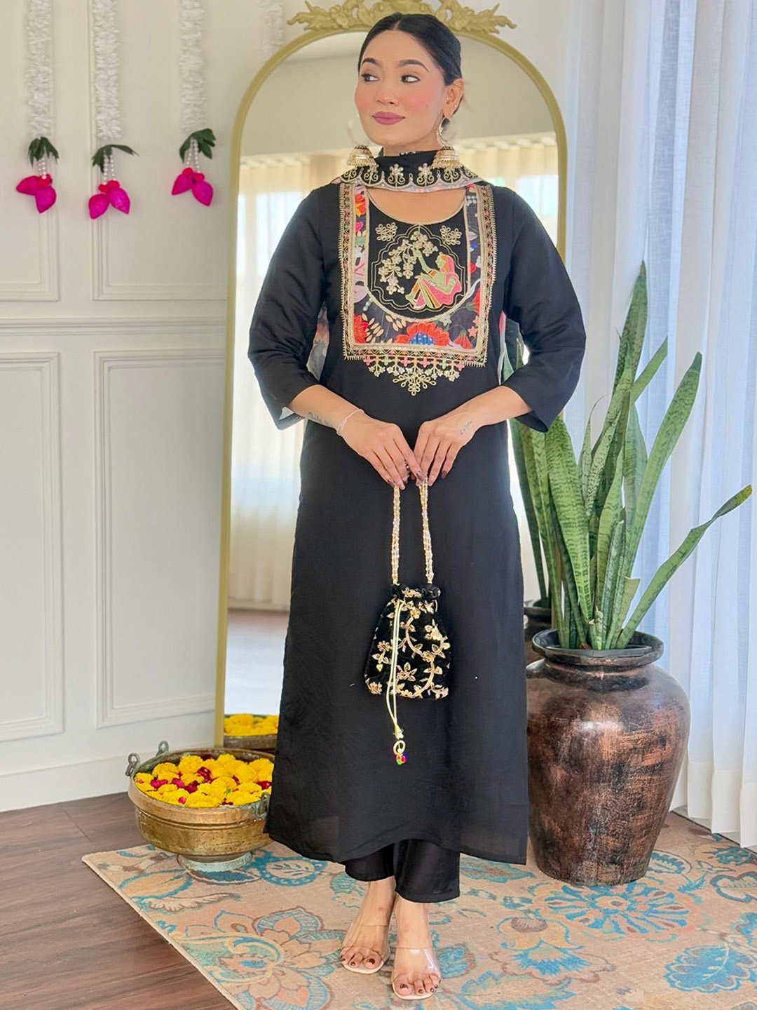 THE52 Women Ethnic Motifs Embroidered Regular Sequinned Chanderi Cotton Kurta with Trousers & With Dupatta, Black
THE52 Women Ethnic Motifs Embroidered Regular Sequinned Chanderi Cotton Kurta with Trousers & With Dupatta, Black