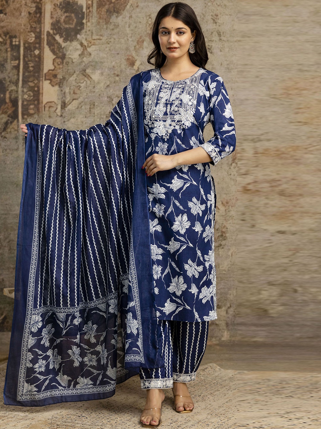 Moda Rapido Floral Printed Mirror Work Notch Neck Pure Cotton Kurta With Patiala & Dupatta, Blue
Moda Rapido Floral Printed Mirror Work Notch Neck Pure Cotton Kurta With Patiala & Dupatta, Blue