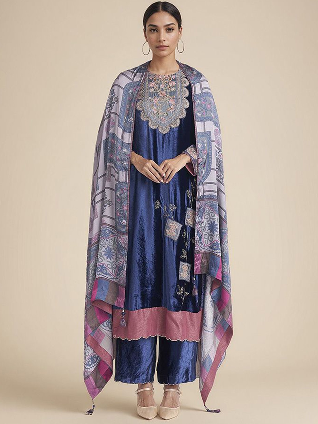 SAUNDH Women Printed Regular Thread Work Velvet Kurta with Palazzos & With Dupatta, Blue
SAUNDH Women Printed Regular Thread Work Velvet Kurta with Palazzos & With Dupatta, Blue