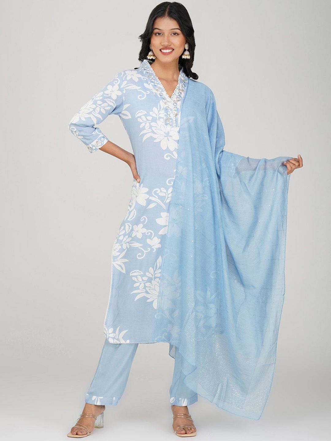 Charitra Women Floral Printed Regular Mirror Work Kurta with Trousers & With Dupatta, Blue
Charitra Women Floral Printed Regular Mirror Work Kurta with Trousers & With Dupatta, Blue