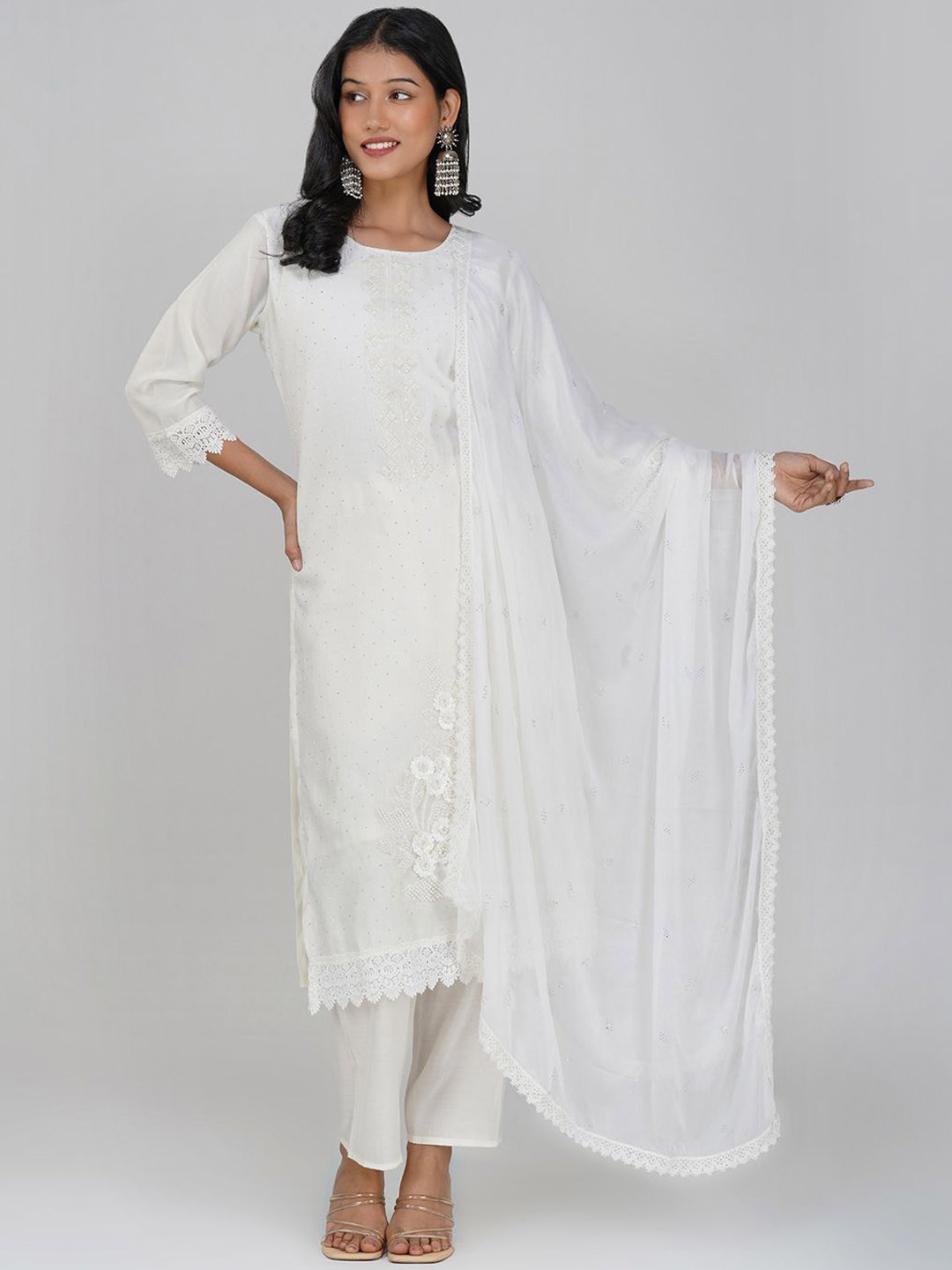Charitra Women Floral Embroidered Regular Thread Work Pure Silk Kurti with Trousers & With Dupatta, Off white
Charitra Women Floral Embroidered Regular Thread Work Pure Silk Kurti with Trousers & With Dupatta, Off white