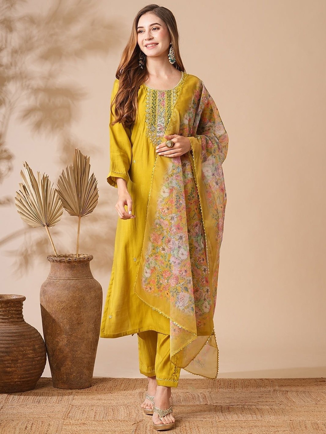 SHIJILA Women Floral Embroidered Regular Kurta with Trousers & With Dupatta, Mustard
SHIJILA Women Floral Embroidered Regular Kurta with Trousers & With Dupatta, Mustard
