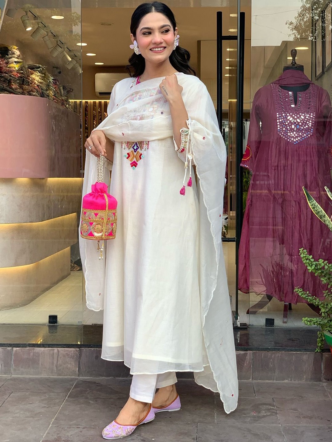 KALINI Women Embroidered Regular Chanderi Silk Kurti with Trousers & With Dupatta, Off white
KALINI Women Embroidered Regular Chanderi Silk Kurti with Trousers & With Dupatta, Off white