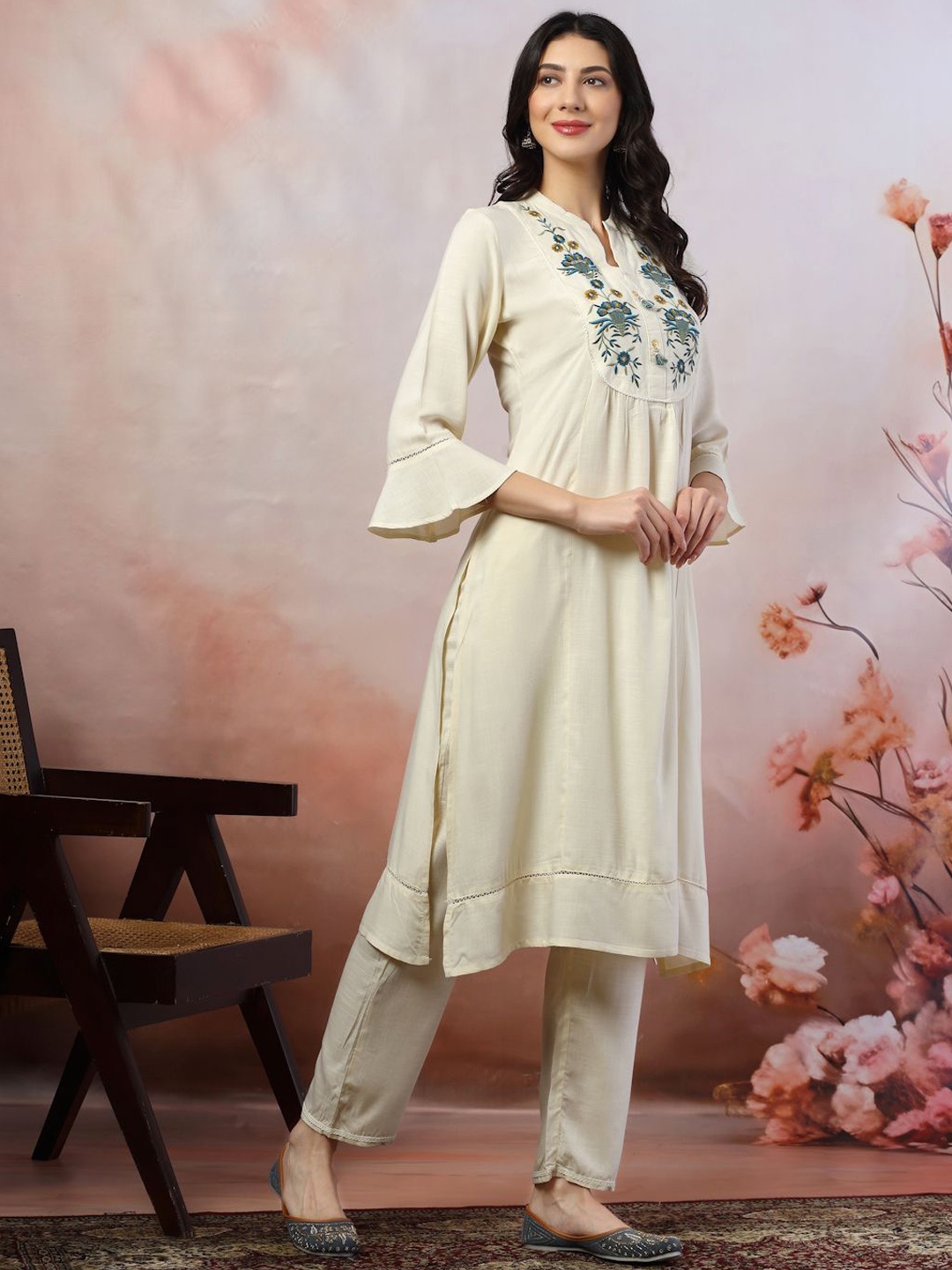 Nayam By Lakshita Women Floral Yoke Design Pleated Thread Work Kurta with Palazzos, White
Nayam By Lakshita Women Floral Yoke Design Pleated Thread Work Kurta with Palazzos, White