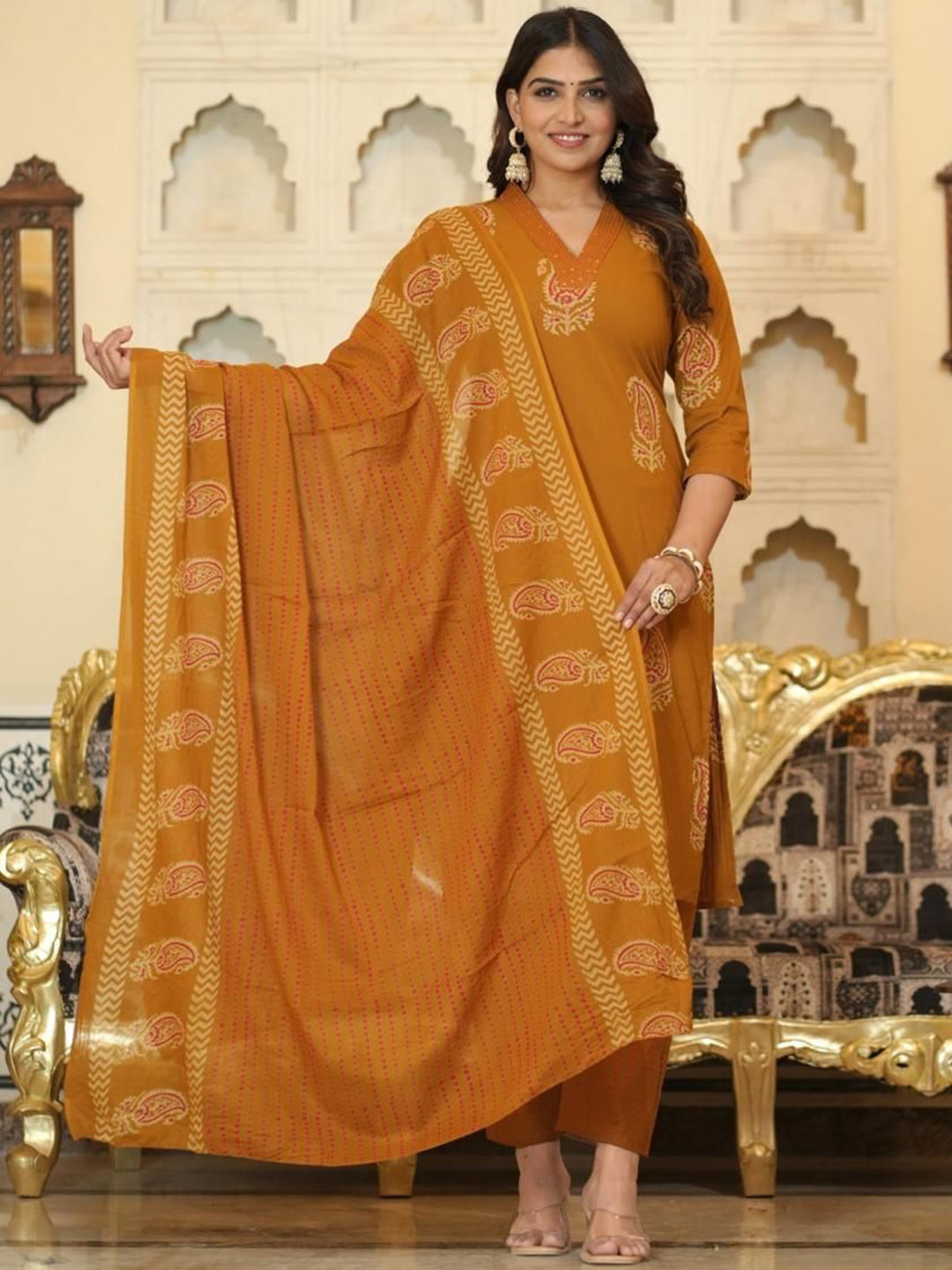 DARVIKAA COLLECTION Women Ethnic Motifs Printed Regular Pure Cotton Kurta with Trousers & With Dupatta, Mustard
DARVIKAA COLLECTION Women Ethnic Motifs Printed Regular Pure Cotton Kurta with Trousers & With Dupatta, Mustard