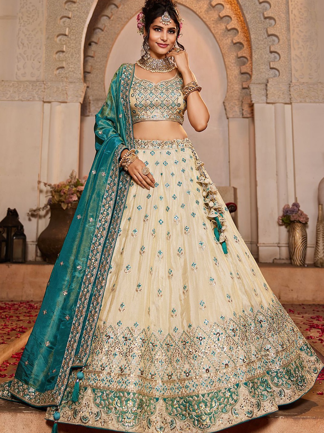 panchhi Embroidered Beads and Stones Semi-Stitched Lehenga & Unstitched Blouse With Dupatta, Cream
panchhi Embroidered Beads and Stones Semi-Stitched Lehenga & Unstitched Blouse With Dupatta, Cream