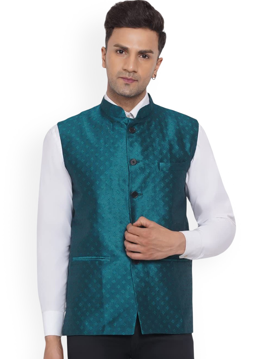 VEERA PARIDHAAN Printed Jacquard Design Mandarin Collar Nehru Jacket, Turquoise blue
VEERA PARIDHAAN Printed Jacquard Design Mandarin Collar Nehru Jacket, Turquoise blue