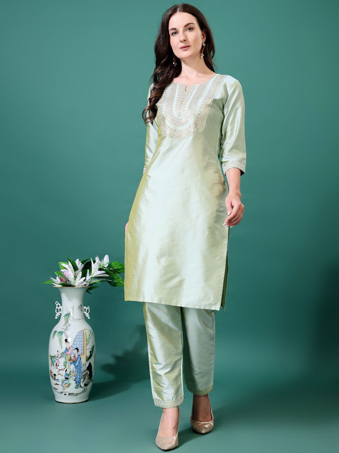 AYUKTA INTERNATIONAL Women Embroidered Regular Mirror Work Kurti with Trousers, Lime green
AYUKTA INTERNATIONAL Women Embroidered Regular Mirror Work Kurti with Trousers, Lime green