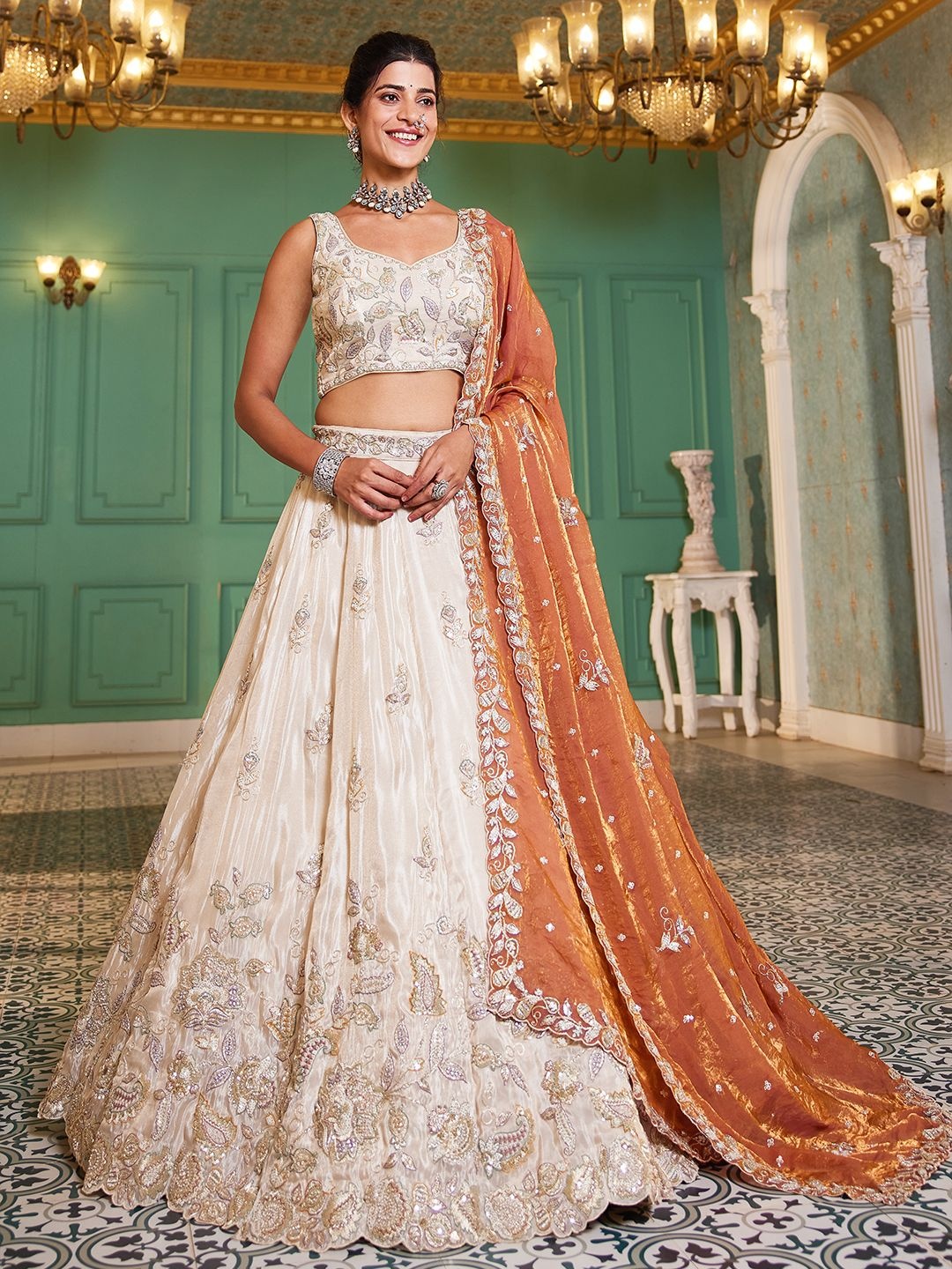 panchhi Embroidered Sequinned Semi-Stitched Lehenga & Unstitched Blouse With Dupatta, Cream
panchhi Embroidered Sequinned Semi-Stitched Lehenga & Unstitched Blouse With Dupatta, Cream