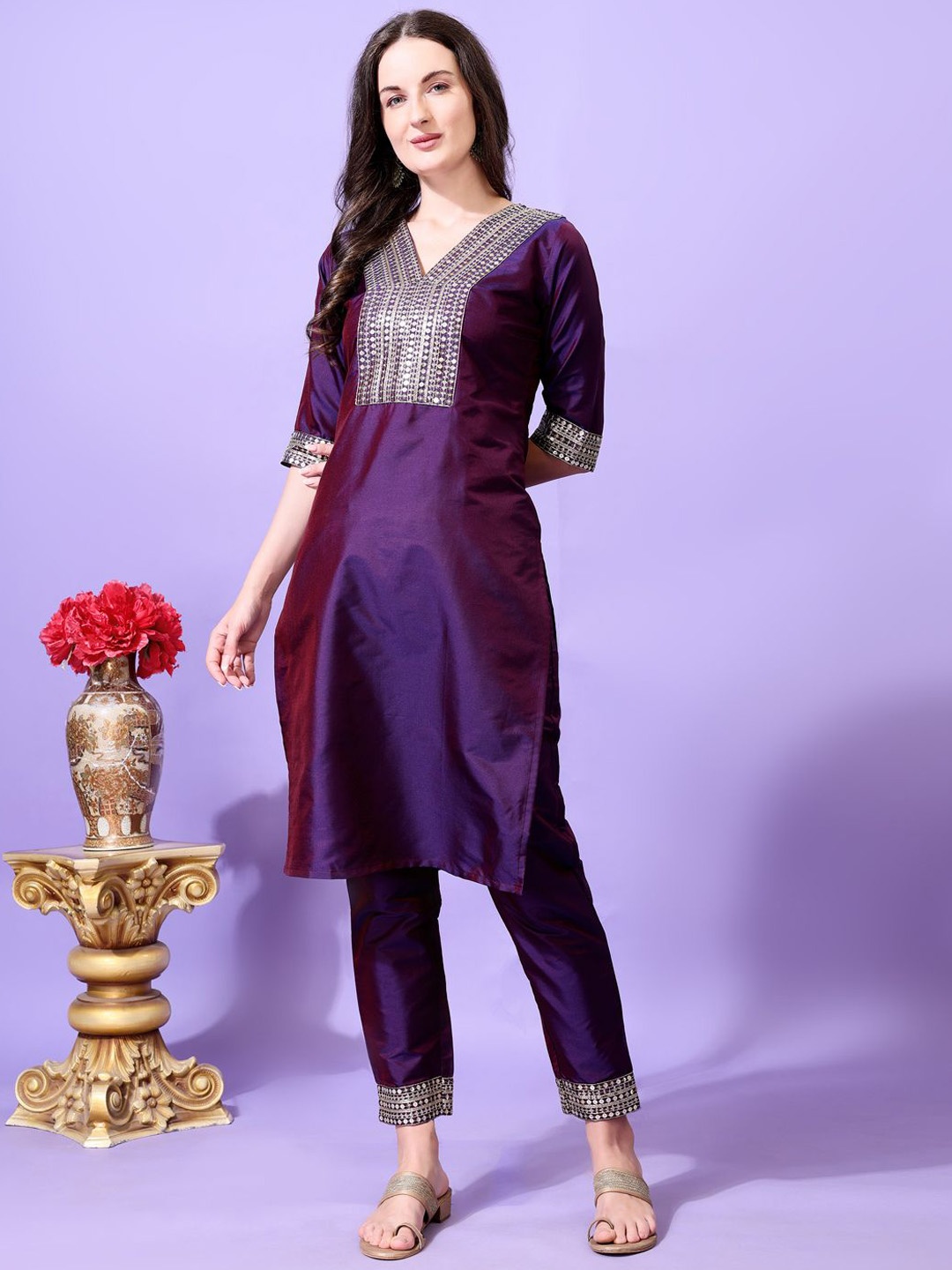 AYUKTA INTERNATIONAL Women Embroidered Regular Sequinned Kurti with Trousers, Purple
AYUKTA INTERNATIONAL Women Embroidered Regular Sequinned Kurti with Trousers, Purple