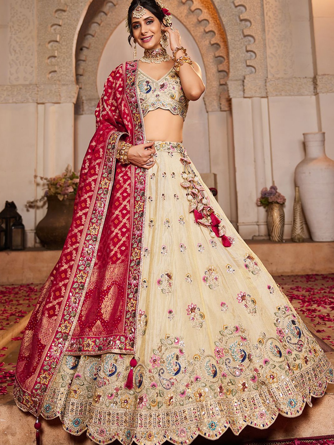 panchhi Embroidered Beads and Stones Semi-Stitched Lehenga & Unstitched Blouse With Dupatta, Cream
panchhi Embroidered Beads and Stones Semi-Stitched Lehenga & Unstitched Blouse With Dupatta, Cream