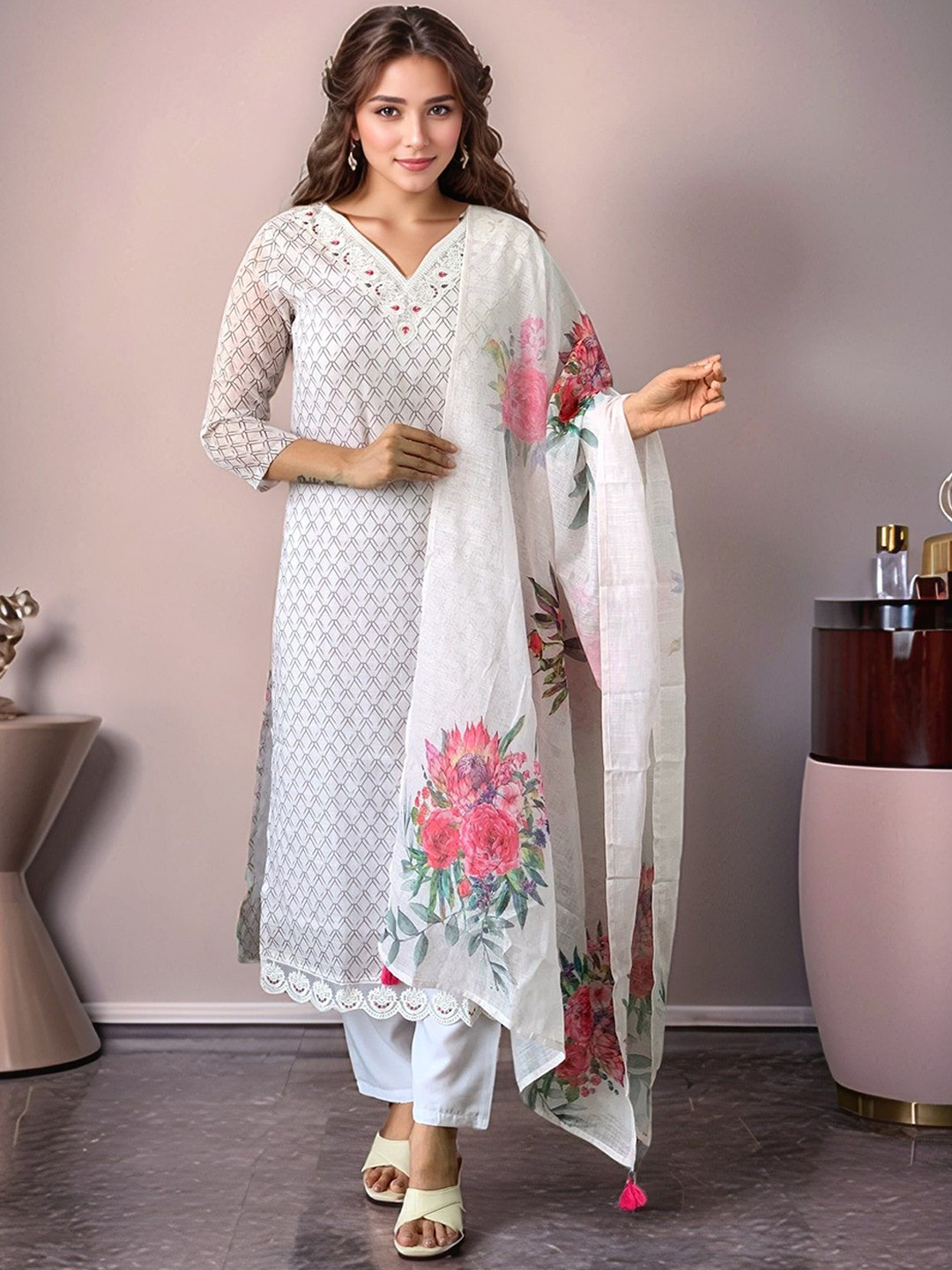 KALINI Women Printed Regular Thread Work Kurta with Trousers & With Dupatta, Off white 
KALINI Women Printed Regular Thread Work Kurta with Trousers & With Dupatta, Off white
