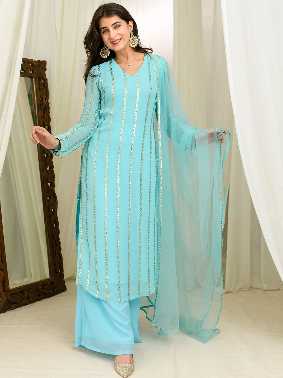 Label Shaurya Sanadhya Women Embroidered Regular Sequinned Kurta with Palazzos & With Dupatta, Blue
Label Shaurya Sanadhya Women Embroidered Regular Sequinned Kurta with Palazzos & With Dupatta, Blue