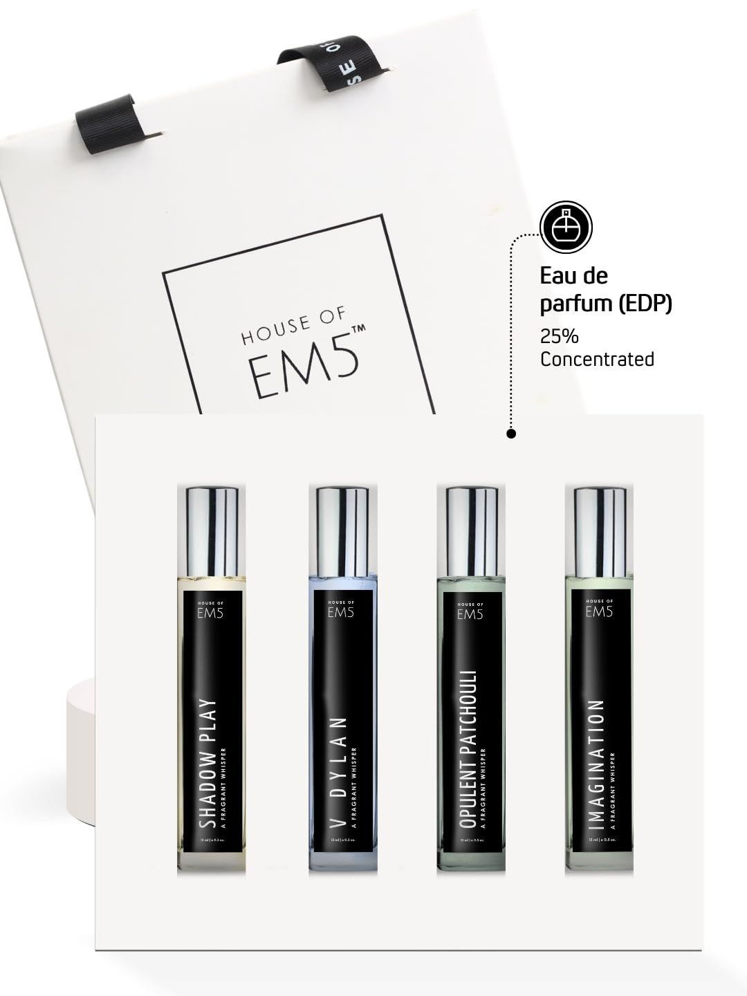 EM5 Unisex Set Of 4 Imagination, Opulent Patchouli, V dylan & Shadow Play EDP - 15 ml Each, Black
EM5 Unisex Set Of 4 Imagination, Opulent Patchouli, V dylan & Shadow Play EDP - 15 ml Each, Black