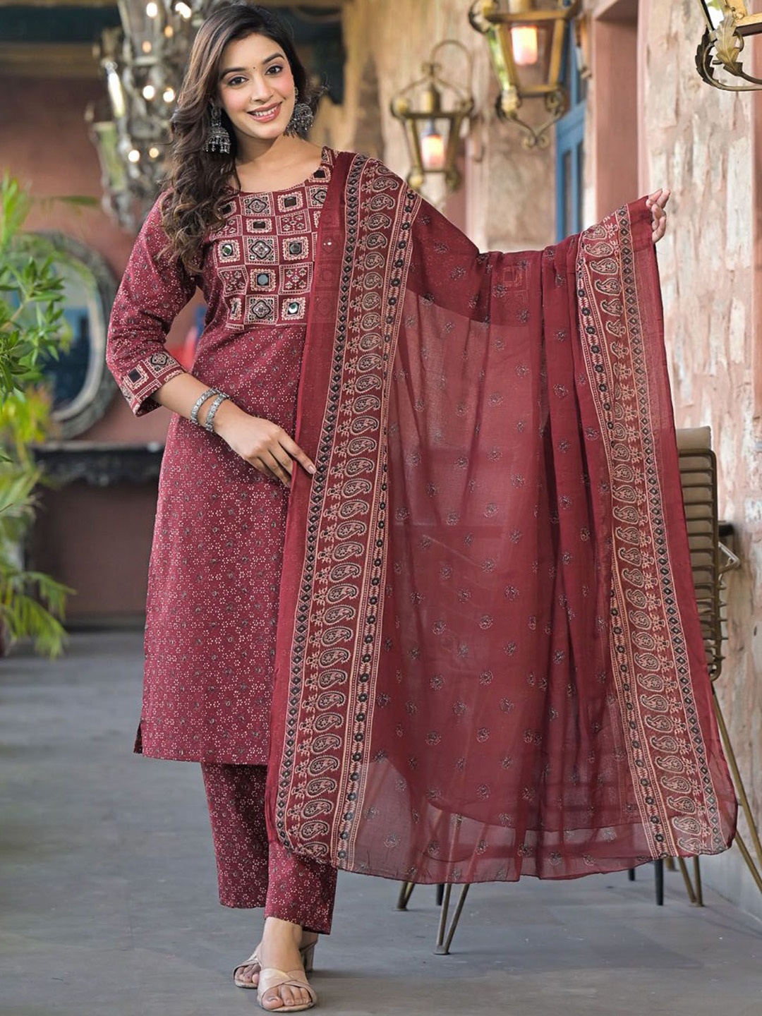 Meena Bazaar Women Printed Regular Mirror Work Kurta with Trousers & With Dupatta, Maroon
Meena Bazaar Women Printed Regular Mirror Work Kurta with Trousers & With Dupatta, Maroon