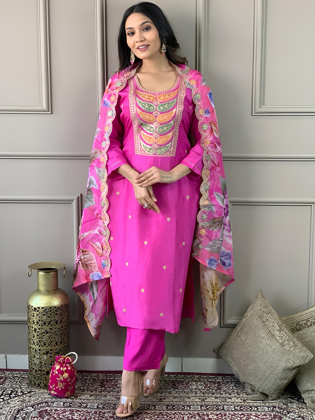 Fab Dadu Women Ethnic Motifs Embroidered Regular Thread Work Chanderi Silk Kurta with Trousers & With Dupatta, Pink
Fab Dadu Women Ethnic Motifs Embroidered Regular Thread Work Chanderi Silk Kurta with Trousers & With Dupatta, Pink
