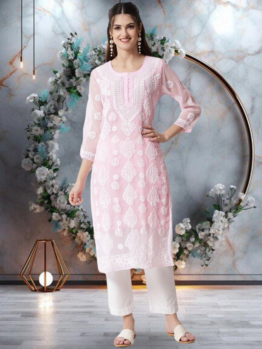 PARAMOUNT CHIKAN Women Ethnic Motifs Embroidered Chikankari Floral Georgette Kurta, Pink
PARAMOUNT CHIKAN Women Ethnic Motifs Embroidered Chikankari Floral Georgette Kurta, Pink