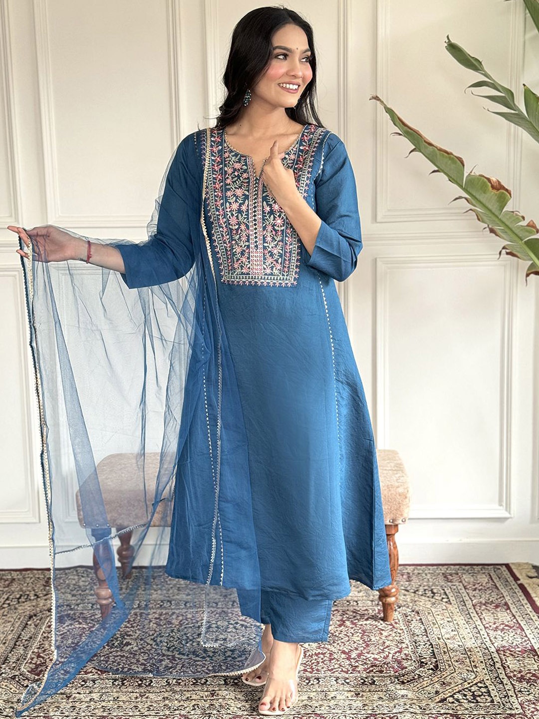 Fab Dadu Women Ethnic Motifs Embroidered Regular Thread Work Chanderi Silk Kurta with Trousers & With Dupatta, Blue
Fab Dadu Women Ethnic Motifs Embroidered Regular Thread Work Chanderi Silk Kurta with Trousers & With Dupatta, Blue