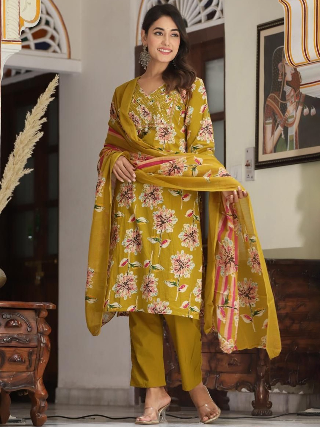 KALINI Women Floral Printed Regular Pure Cotton Kurta with Trousers & With Dupatta, Mustard
KALINI Women Floral Printed Regular Pure Cotton Kurta with Trousers & With Dupatta, Mustard