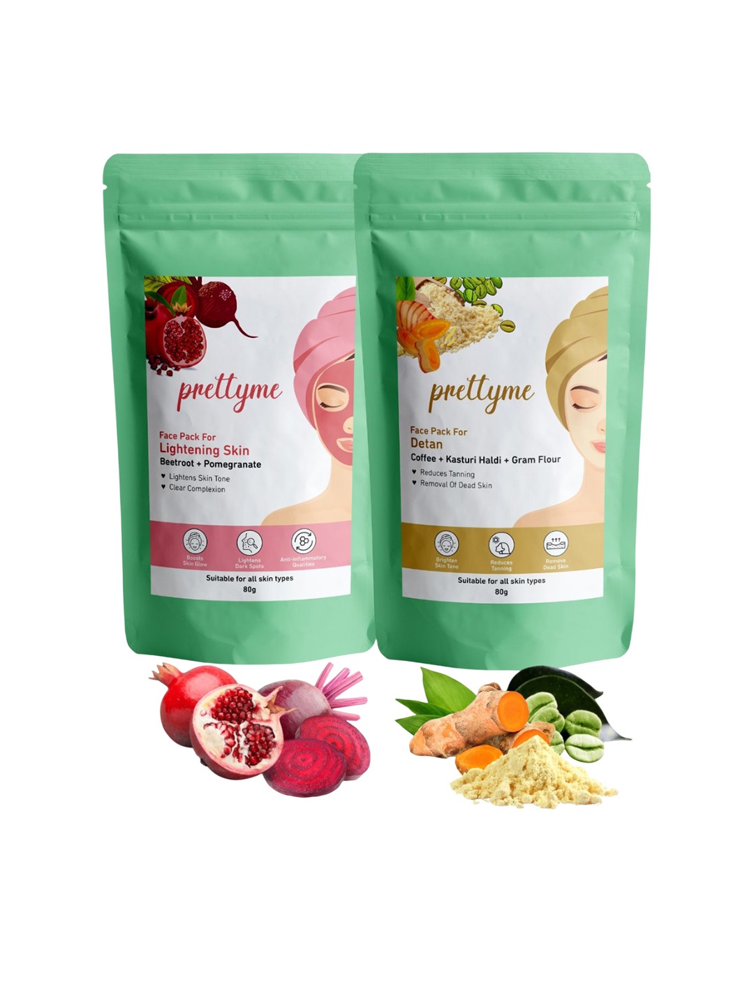 Prettyme Set of 2 Coffee Turmeric Pomegranate & Beetroot Powder Face Pack - 80 g Each, Red
Prettyme Set of 2 Coffee Turmeric Pomegranate & Beetroot Powder Face Pack - 80 g Each, Red