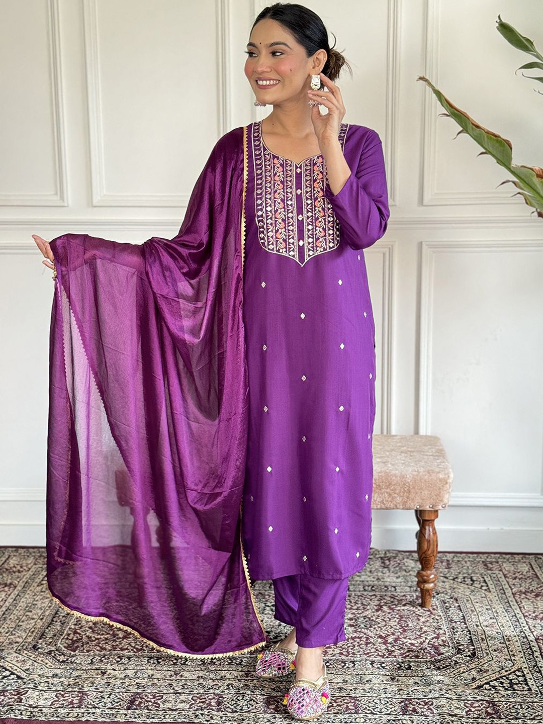 KALINI Women Floral Embroidered Regular Sequinned Kurta with Trousers & With Dupatta, Purple
KALINI Women Floral Embroidered Regular Sequinned Kurta with Trousers & With Dupatta, Purple