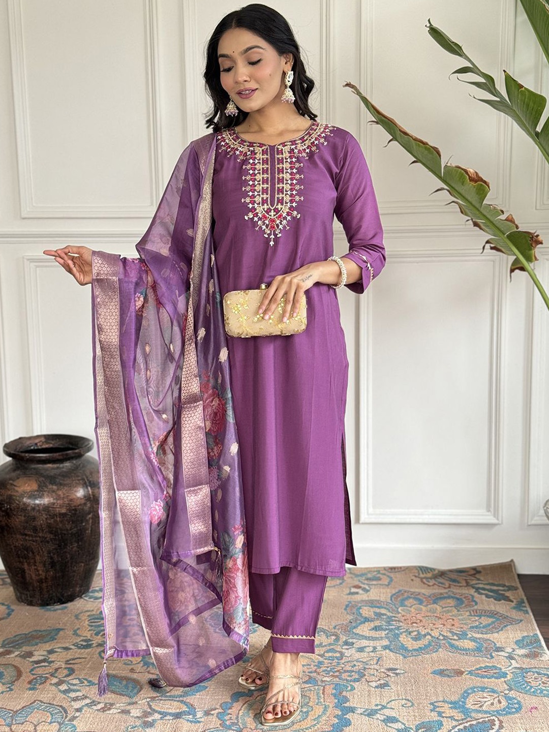 Fab Dadu Women Floral Embroidered Regular Chanderi Silk Kurta with Trousers & With Dupatta, Purple
Fab Dadu Women Floral Embroidered Regular Chanderi Silk Kurta with Trousers & With Dupatta, Purple