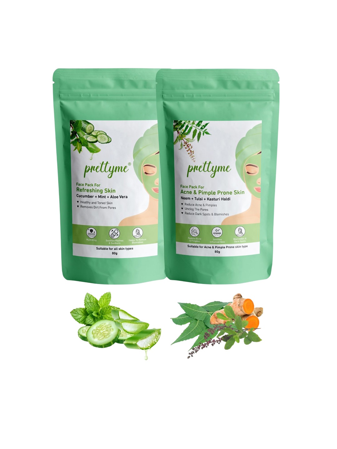 Prettyme Set Of 2 Cucumber, Aloe Vera, Neem, Tulsi & Haldi Powder Face Pack - 80 g Each, Sea green
Prettyme Set Of 2 Cucumber, Aloe Vera, Neem, Tulsi & Haldi Powder Face Pack - 80 g Each, Sea green
