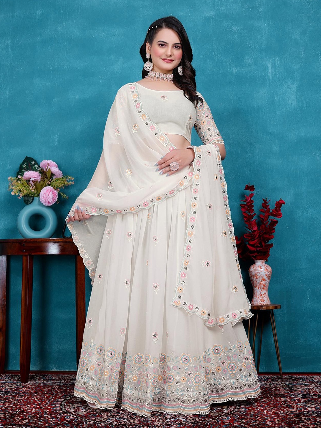 VAIRAGEE Embroidered Sequinned Ready to Wear Lehenga & Unstitched Blouse With Dupatta, White
VAIRAGEE Embroidered Sequinned Ready to Wear Lehenga & Unstitched Blouse With Dupatta, White