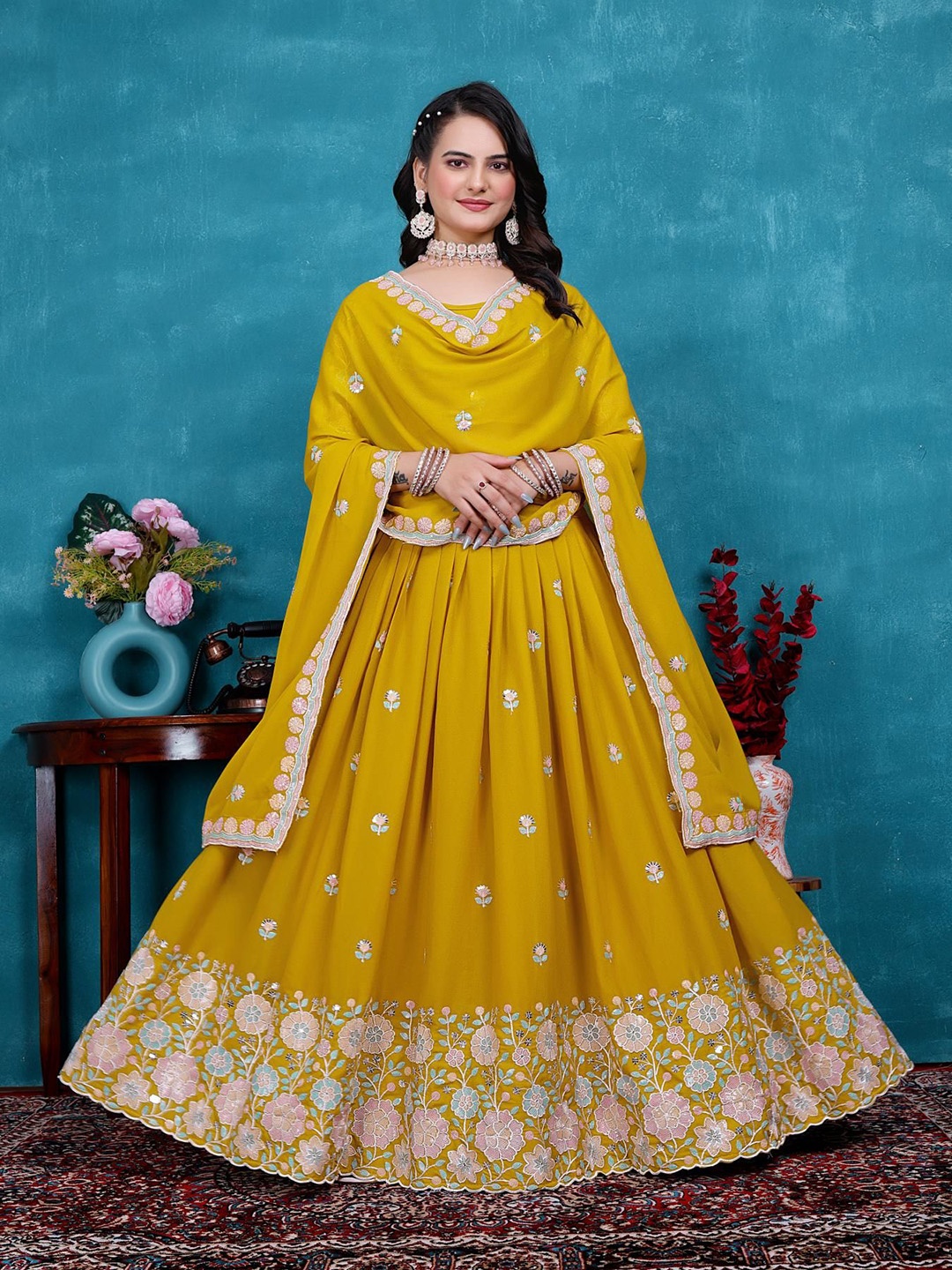 VAIRAGEE Embroidered Sequinned Ready to Wear Lehenga & Unstitched Blouse With Dupatta, Yellow
VAIRAGEE Embroidered Sequinned Ready to Wear Lehenga & Unstitched Blouse With Dupatta, Yellow