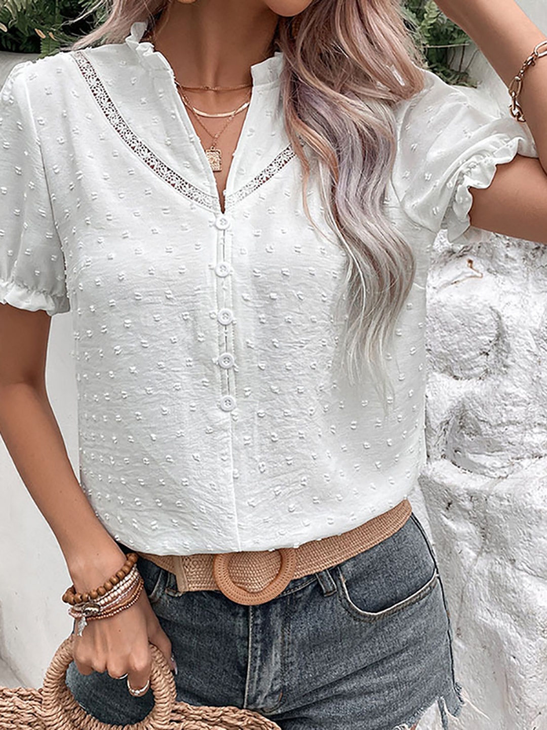 StyleCast x Revolte Self Design V Neck Puff Sleeves Lace Detail Shirt Style Top, White
StyleCast x Revolte Self Design V Neck Puff Sleeves Lace Detail Shirt Style Top, White