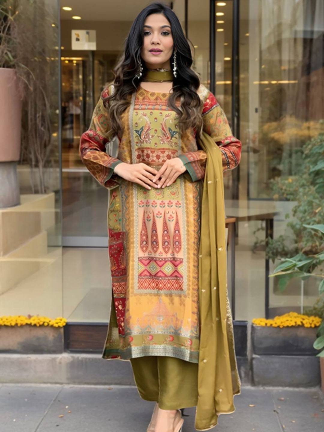 Fab Dadu Women Floral Printed Regular Pure Silk Kurta with Palazzos & With Dupatta, Olive
Fab Dadu Women Floral Printed Regular Pure Silk Kurta with Palazzos & With Dupatta, Olive