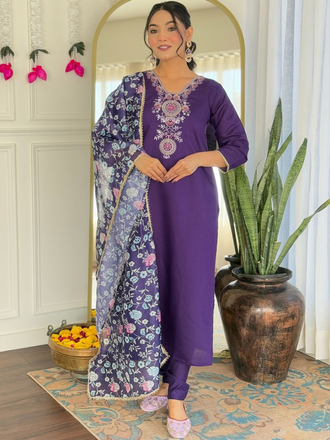 KALINI Women Floral Yoke Design Regular Thread Work Chanderi Silk Kurta with Trousers & With Dupatta, Violet
KALINI Women Floral Yoke Design Regular Thread Work Chanderi Silk Kurta with Trousers & With Dupatta, Violet