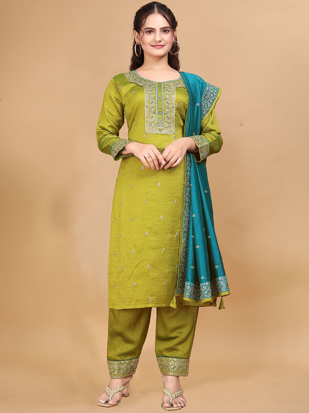 SANJANA SILK Women Regular Sequinned Pure Silk Kurta with Trousers & With Dupatta, Green
SANJANA SILK Women Regular Sequinned Pure Silk Kurta with Trousers & With Dupatta, Green