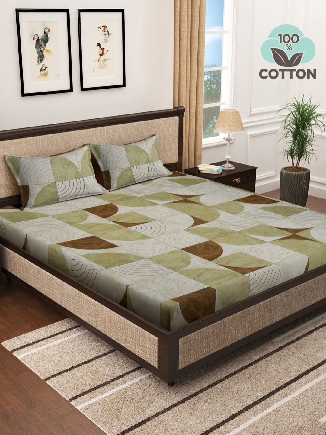 Myntra Elegant Homes Green & Brown Geometric 400 TC King Bedsheet with 2 Pillow Covers
Myntra Elegant Homes Green & Brown Geometric 400 TC King Bedsheet with 2 Pillow Covers