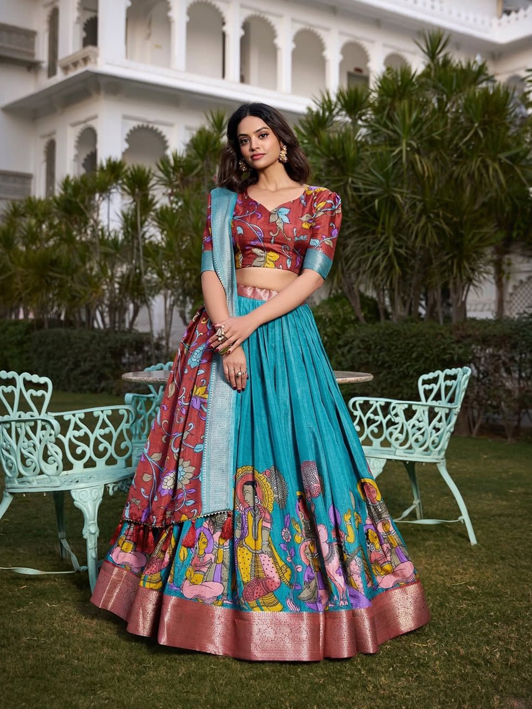 RADHVI BIZ Printed Kalamkari Ready to Wear Lehenga & Semi-Stitched Blouse With Dupatta, Teal
RADHVI BIZ Printed Kalamkari Ready to Wear Lehenga & Semi-Stitched Blouse With Dupatta, Teal