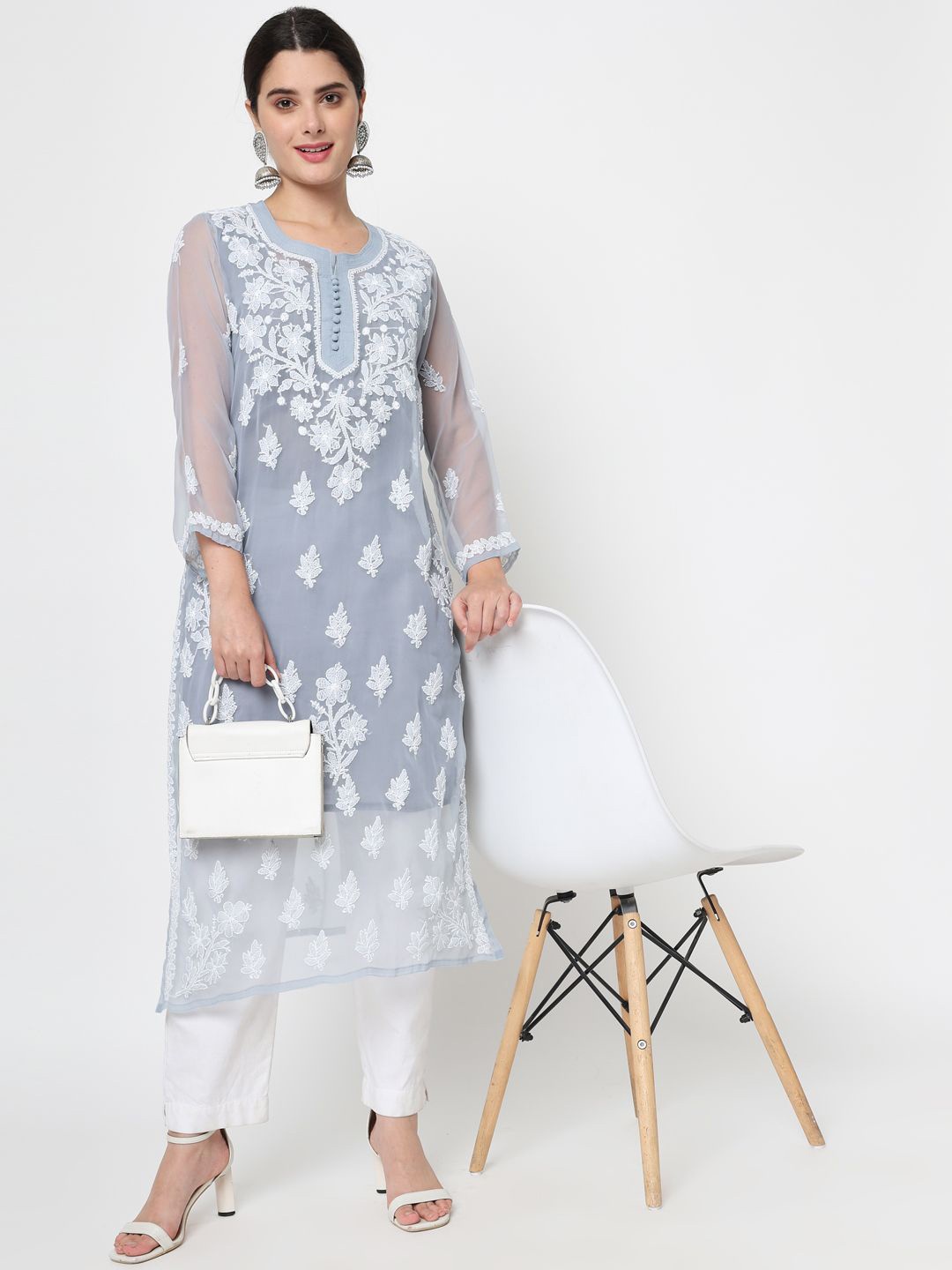 PARAMOUNT CHIKAN Women Ethnic Motifs Embroidered Chikankari Floral Georgette Kurta, Grey
PARAMOUNT CHIKAN Women Ethnic Motifs Embroidered Chikankari Floral Georgette Kurta, Grey