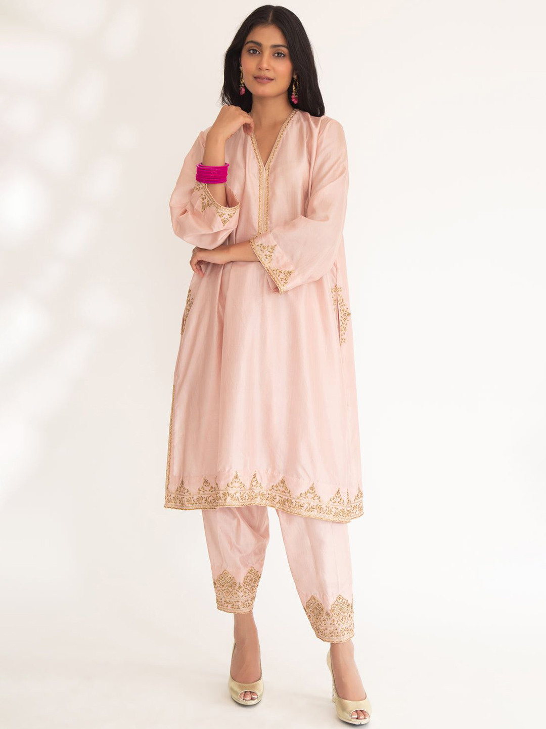 Chhaya Mehrotra Women Printed Pleated Zardozi Pure Silk Kurta with Trousers, Nude
Chhaya Mehrotra Women Printed Pleated Zardozi Pure Silk Kurta with Trousers, Nude