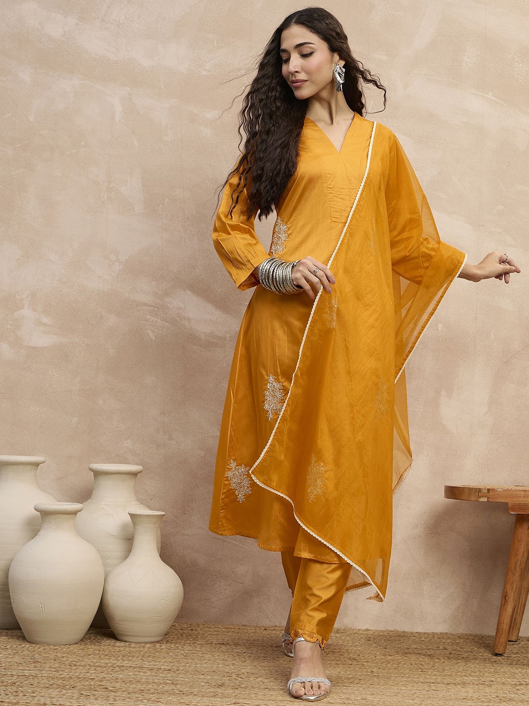 all about you Women Embroidered Regular Chanderi Silk Kurta with Trousers & With Dupatta, Yellow
all about you Women Embroidered Regular Chanderi Silk Kurta with Trousers & With Dupatta, Yellow