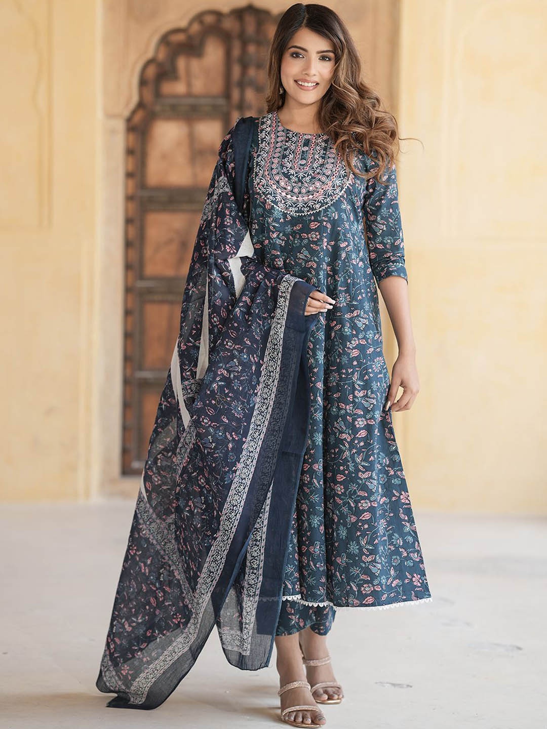 KALINI Women Floral Embroidered Regular Thread Work Pure Cotton Kurta with Trousers & With Dupatta, Blue
KALINI Women Floral Embroidered Regular Thread Work Pure Cotton Kurta with Trousers & With Dupatta, Blue