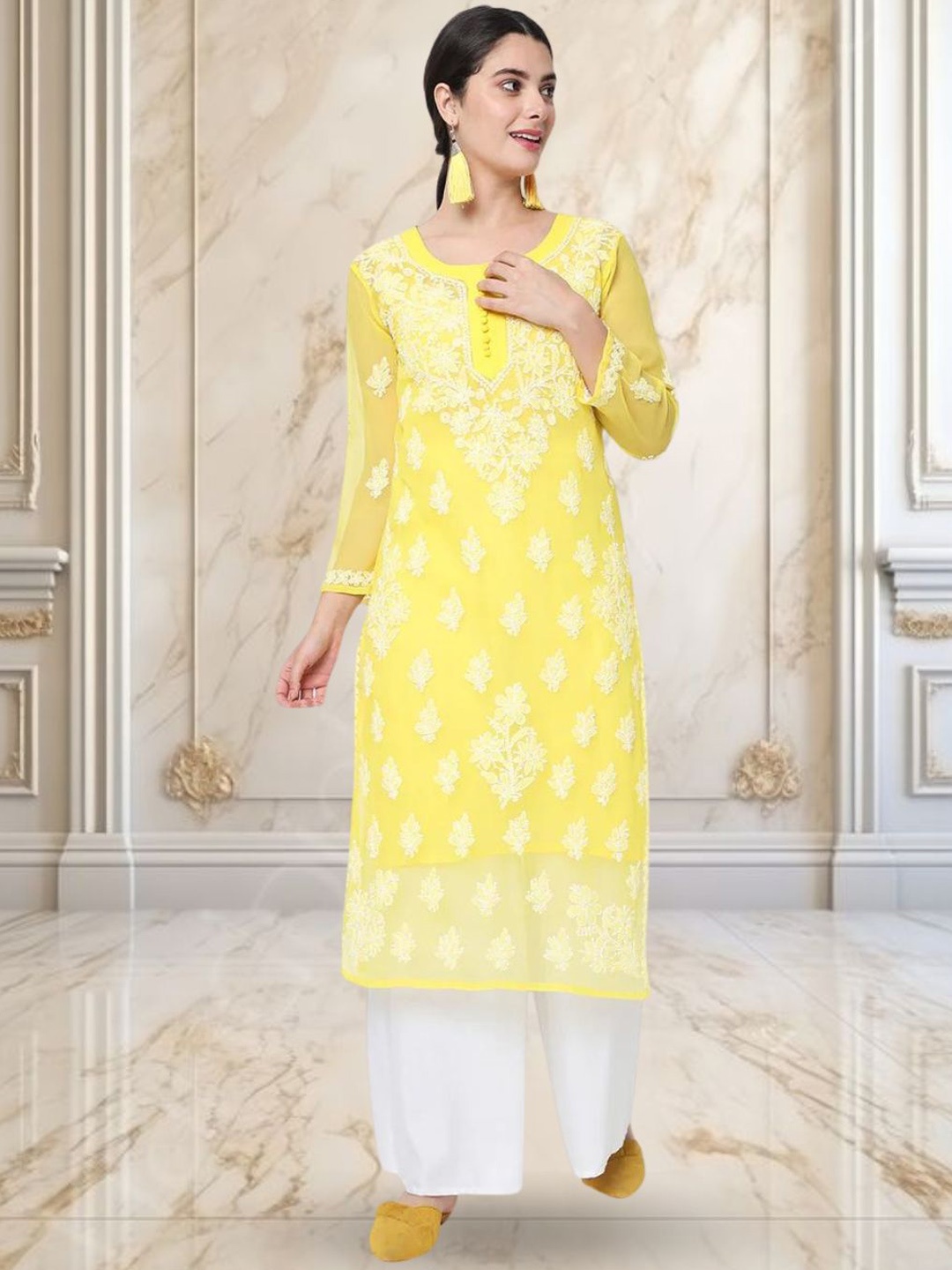 PARAMOUNT CHIKAN Women Ethnic Motifs Embroidered Chikankari Floral Georgette Kurta, Yellow
PARAMOUNT CHIKAN Women Ethnic Motifs Embroidered Chikankari Floral Georgette Kurta, Yellow