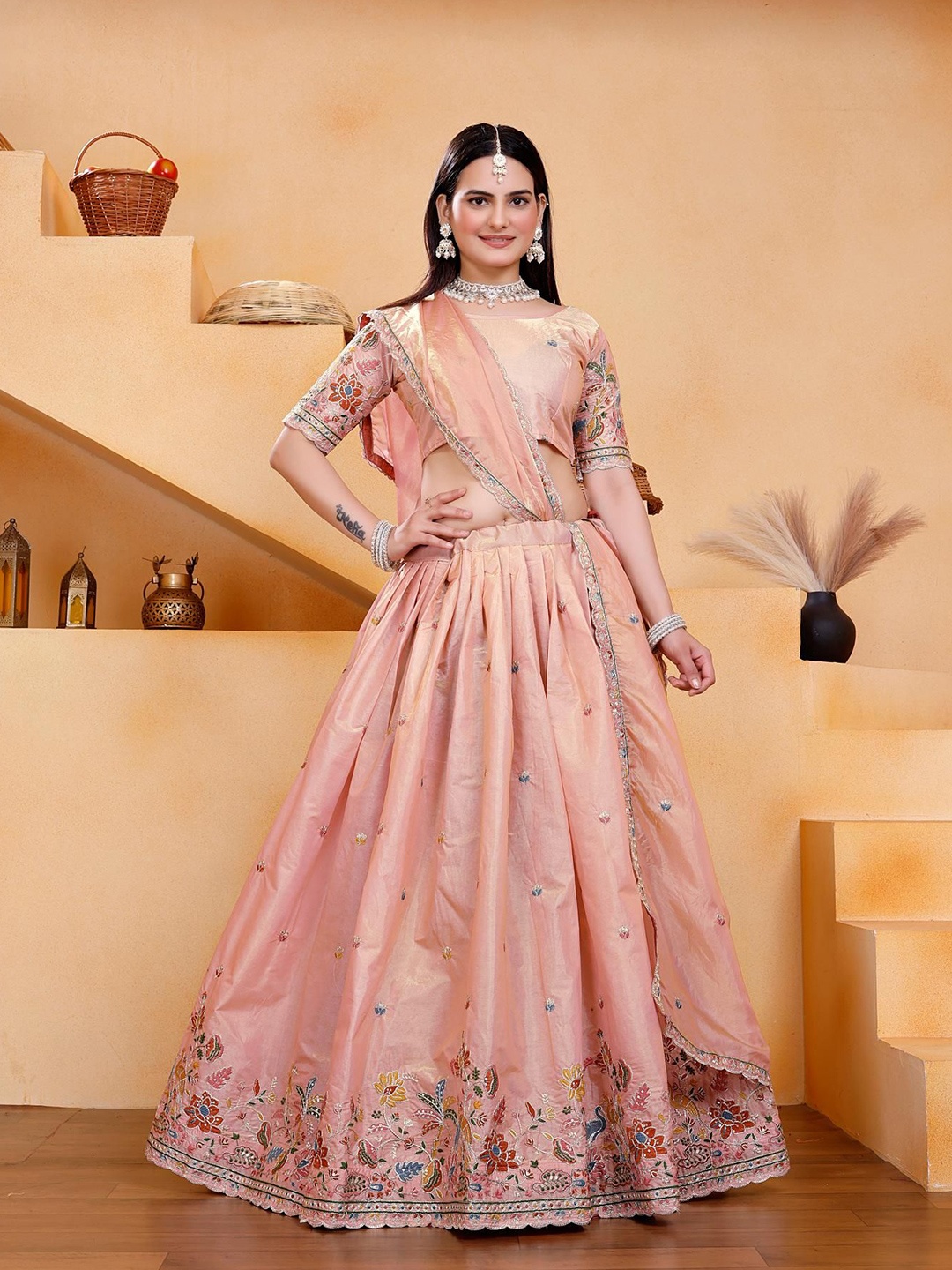 VAIRAGEE Embroidered Thread Work Ready to Wear Lehenga & Unstitched Blouse With Dupatta, Peach
VAIRAGEE Embroidered Thread Work Ready to Wear Lehenga & Unstitched Blouse With Dupatta, Peach