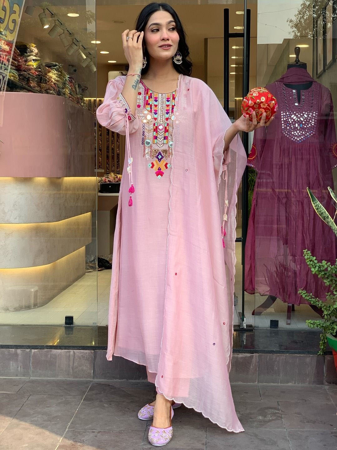 KALINI Women Ethnic Motifs Embroidered Regular Mirror Work Chanderi Silk Kurta with Trousers & With Dupatta, Pink
KALINI Women Ethnic Motifs Embroidered Regular Mirror Work Chanderi Silk Kurta with Trousers & With Dupatta, Pink