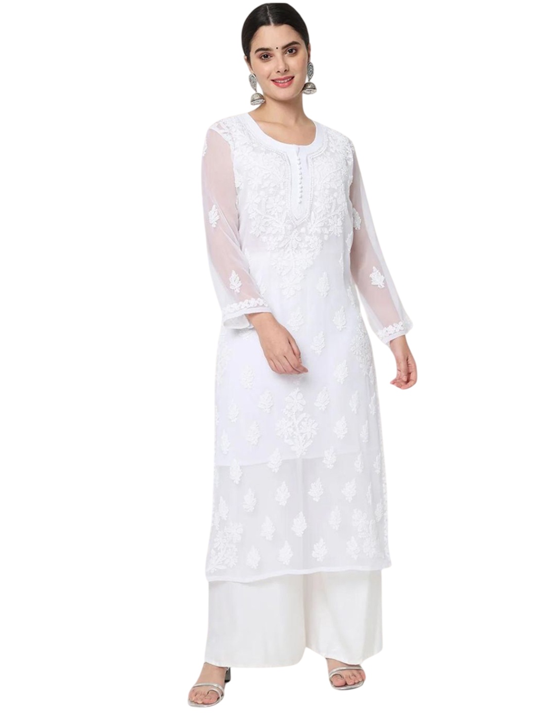 PARAMOUNT CHIKAN Women Ethnic Motifs Embroidered Chikankari Floral Georgette Kurta, White
PARAMOUNT CHIKAN Women Ethnic Motifs Embroidered Chikankari Floral Georgette Kurta, White