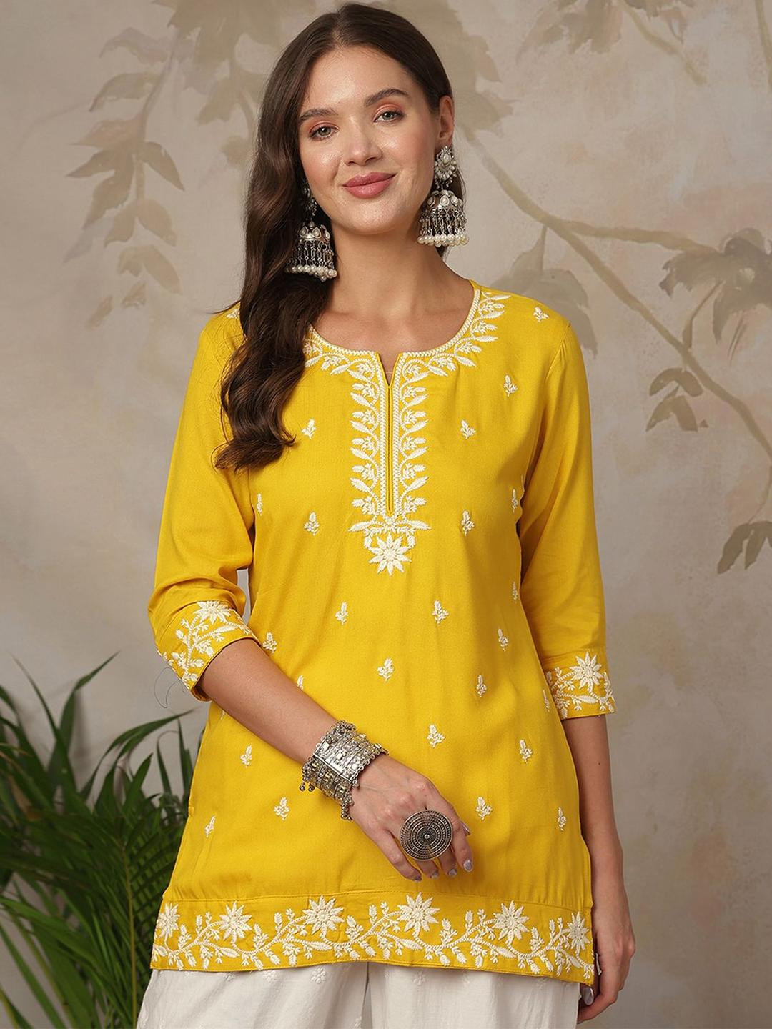 Uparna Floral Embroidered V-Neck Chikankari Kurti, Yellow
Uparna Floral Embroidered V-Neck Chikankari Kurti, Yellow