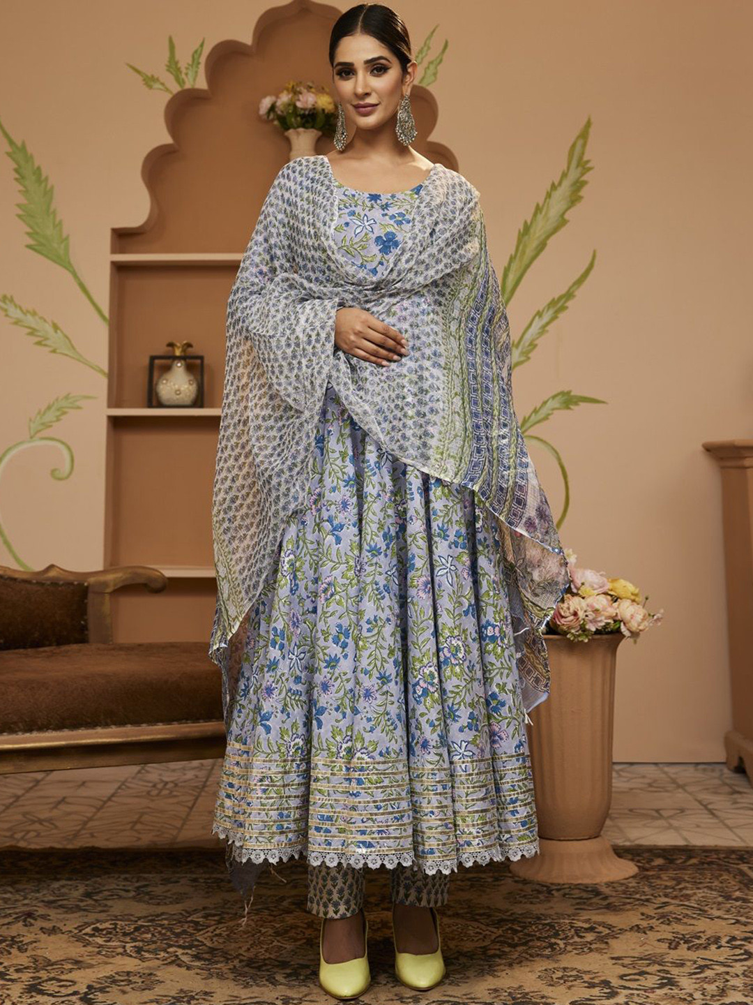 Divena Floral Printed Gotta Patti Pure Cotton Anarkali Kurta with Trousers & Dupatta, Blue
Divena Floral Printed Gotta Patti Pure Cotton Anarkali Kurta with Trousers & Dupatta, Blue